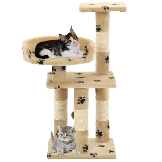 Cat Tree | Beige with paw prints | Particle board, soft plush, sisal rope