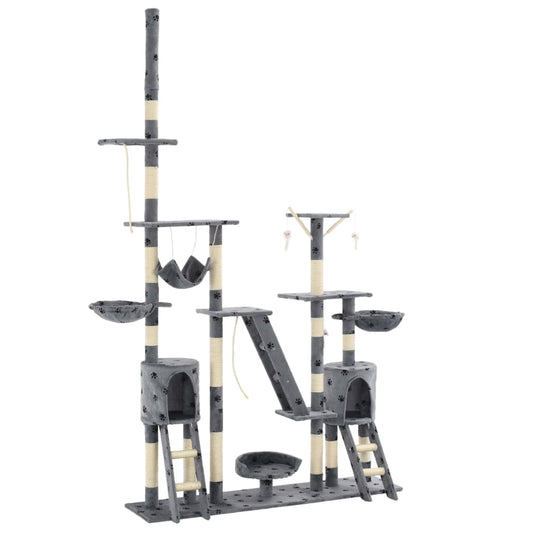 Cat Tree | Grey with paw prints | Plush, Particle board, Sisal rope