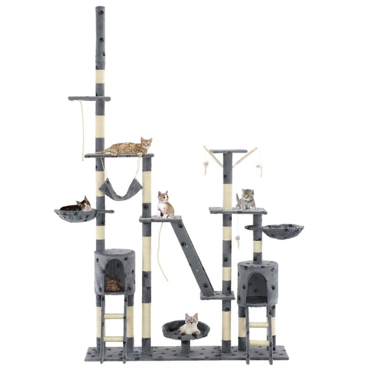 Cat Tree | Grey with paw prints | Plush, Particle board, Sisal rope