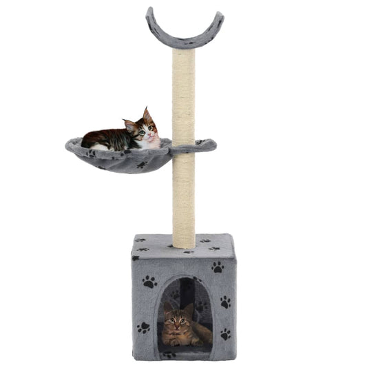 Cat Tree | Grey with Paw Prints | Particle Board, Plush, Sisal Rope