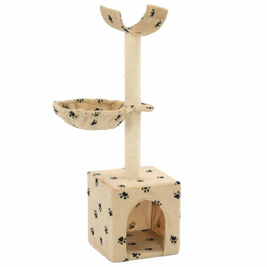 Cat Tree | Beige with paw prints | Soft plush, particle board, sisal rope