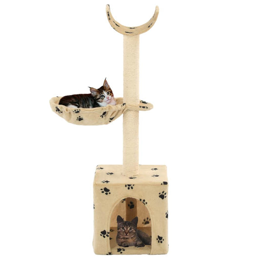 Cat Tree | Beige with paw prints | Soft plush, particle board, sisal rope