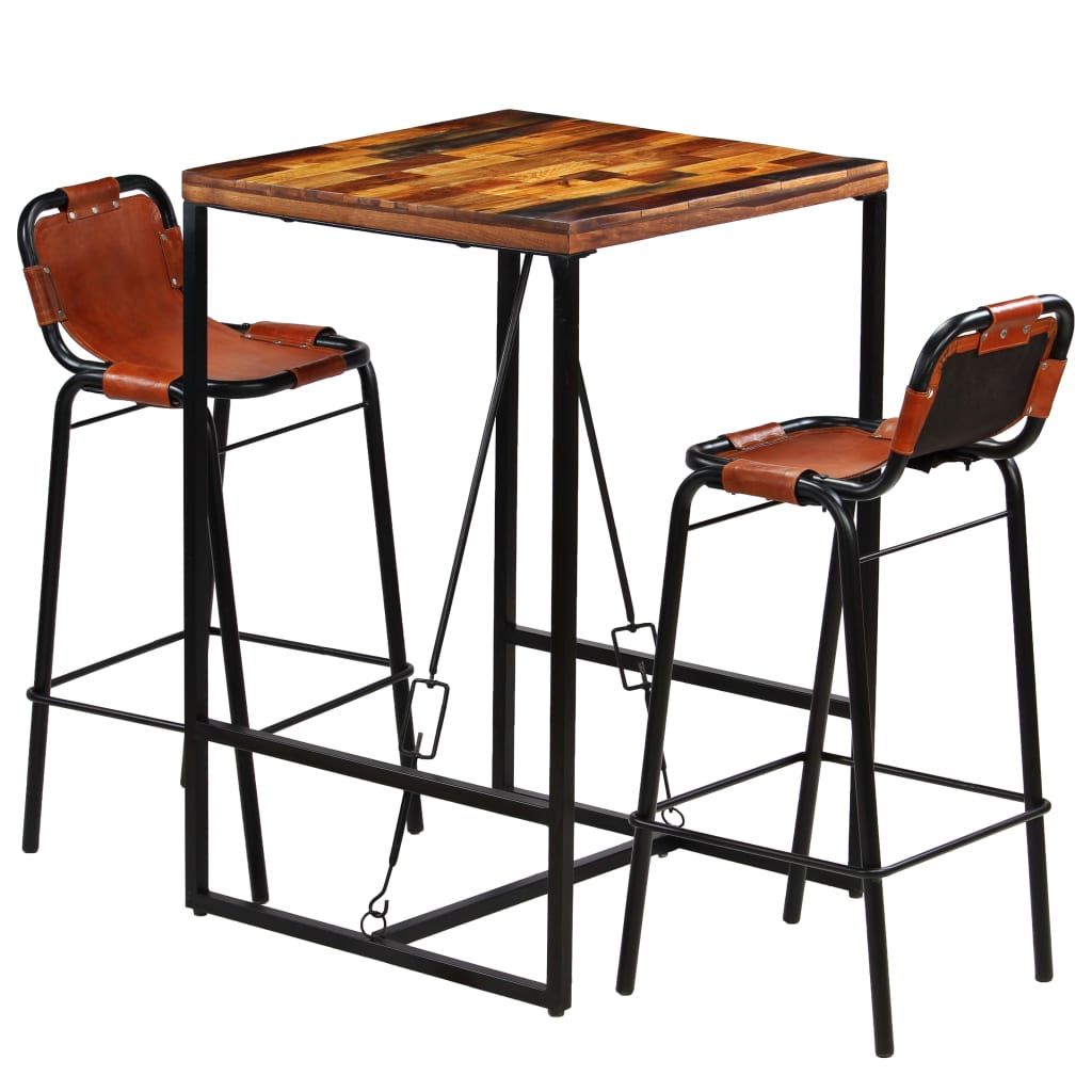 Bar Set 3 Pieces Solid Reclaimed Wood and Genuine Goat Leather