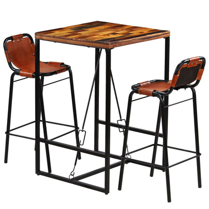 Bar Set 3 Pieces Solid Reclaimed Wood and Genuine Goat Leather