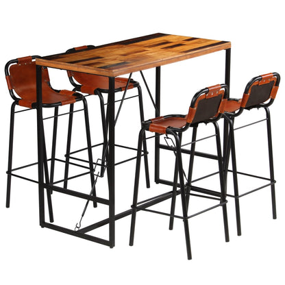 Bar Set 5 Pieces Solid Reclaimed Wood and Genuine Goat Leather