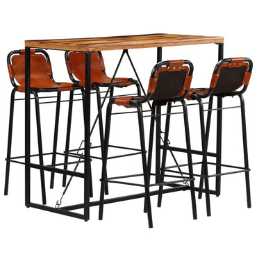 Bar Set 5 Pieces Solid Reclaimed Wood and Genuine Goat Leather