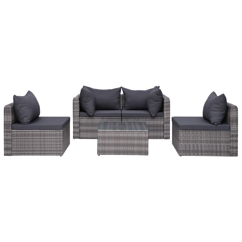 5 Piece Patio Sofa Set with Cushions & Pillows Poly Rattan Gray