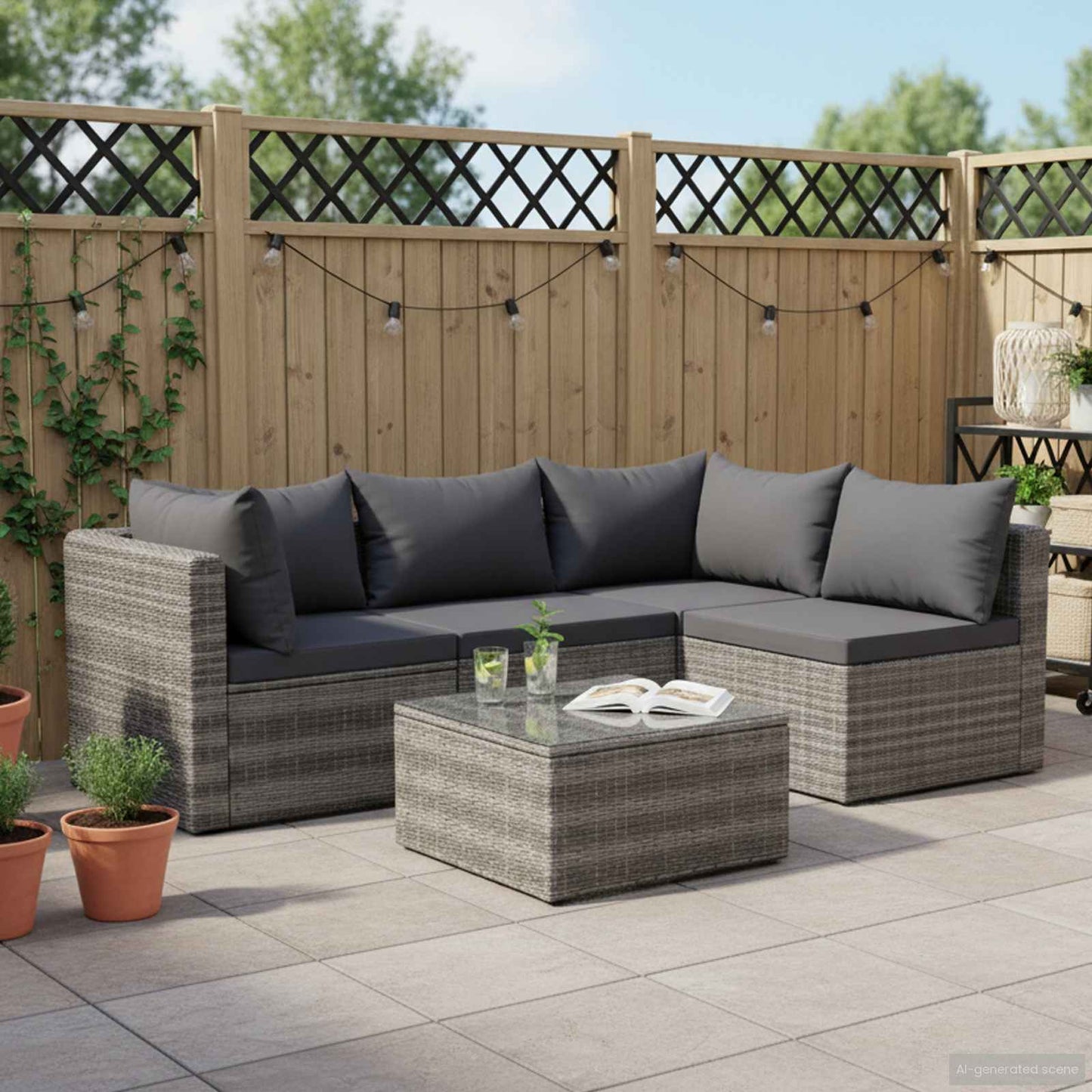5 Piece Patio Sofa Set with Cushions & Pillows Poly Rattan Gray
