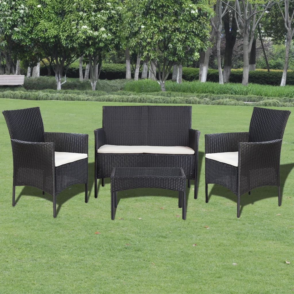 4 Piece Patio Lounge Set with Cushions Poly Rattan Black