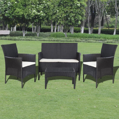 4 Piece Patio Lounge Set with Cushions Poly Rattan Black
