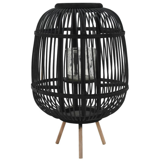 Candle Holder | Black | Bamboo and Glass | Medium | Decorative Inlays
