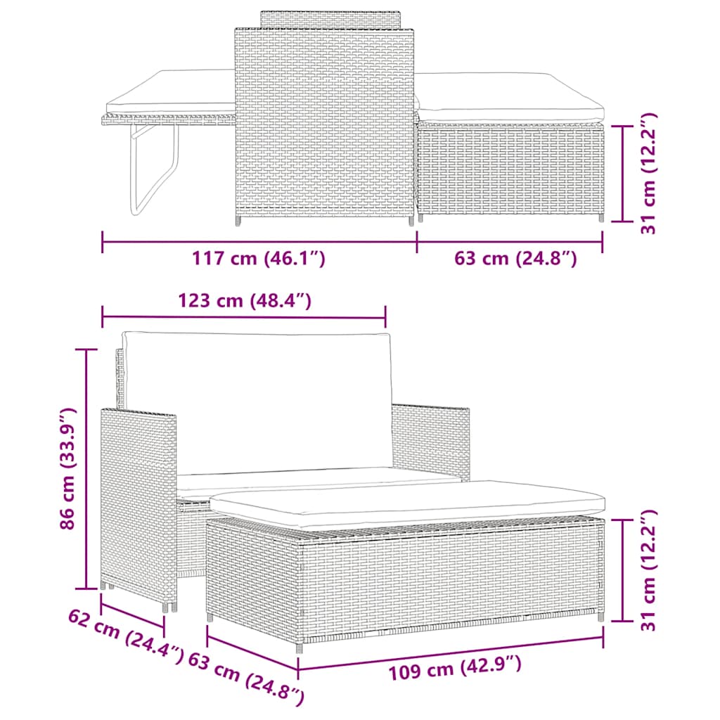 2 Piece Patio Lounge Set with Cushions Poly Rattan Gray