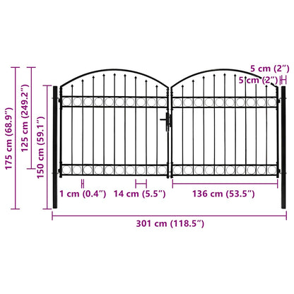 Fence Gate "ASSEN" Double Door with Arched Top Steel 300x125 cm