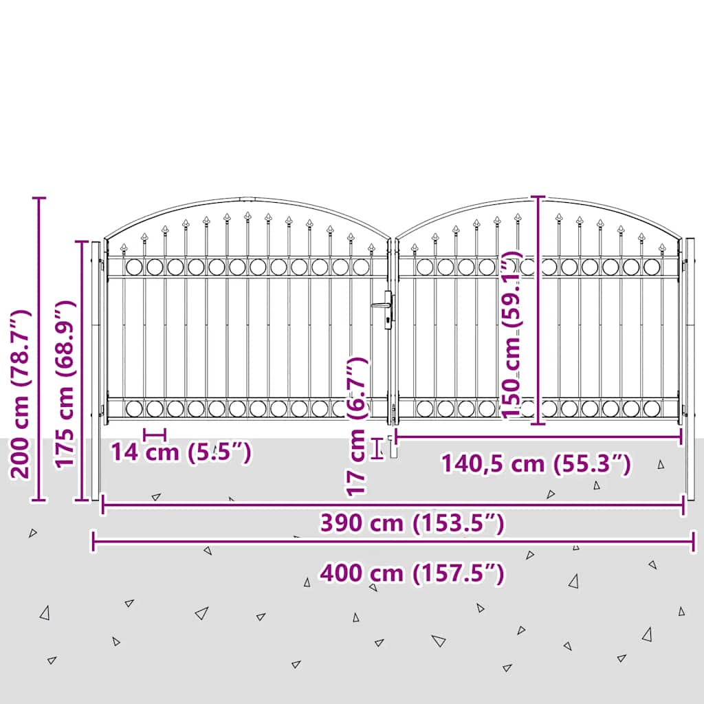 Fence Gate ASSEN Double Door with Arched Top Steel 400x150 cm