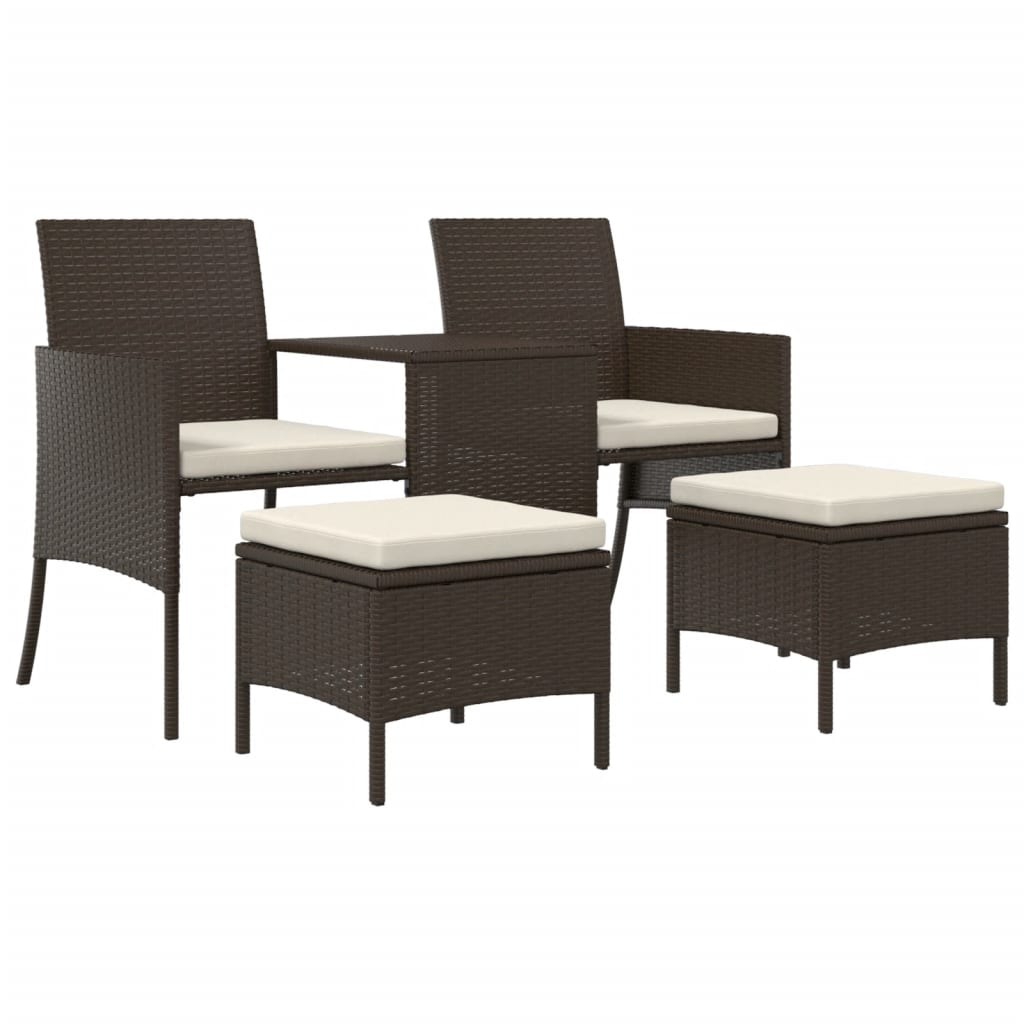 2-Seater Patio Sofa with Tea Table & Stools Poly Rattan Brown