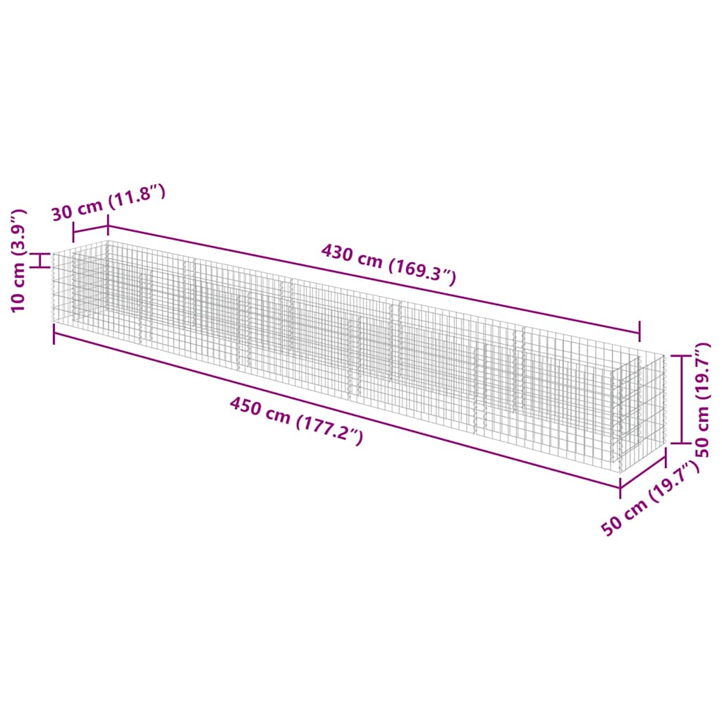 vidaXL Gabion Raised Bed Silver Galvanized Steel 177.2 x 19.7 x 19.7 in