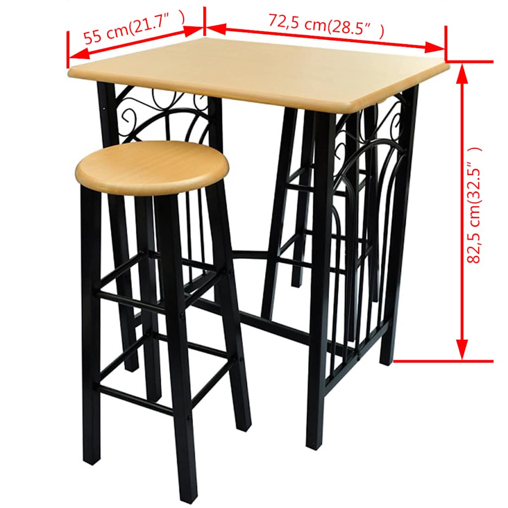 275403 vidaXL Bar Table and Stool Set 3 Pieces Wood and Steel (240095)