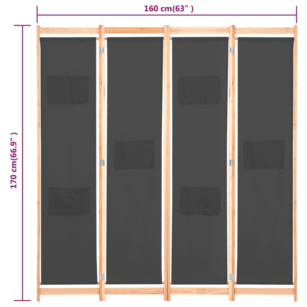 4-Panel Room Divider Grey 160x170x4 cm Fabric