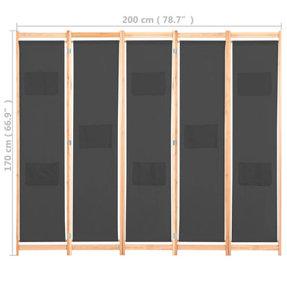 5-Panel Room Divider Grey 200x170x4 cm Fabric