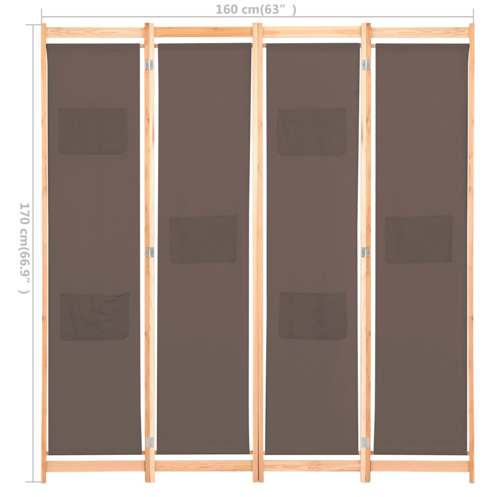 4-Panel Room Divider Brown 160x170x4 cm Fabric