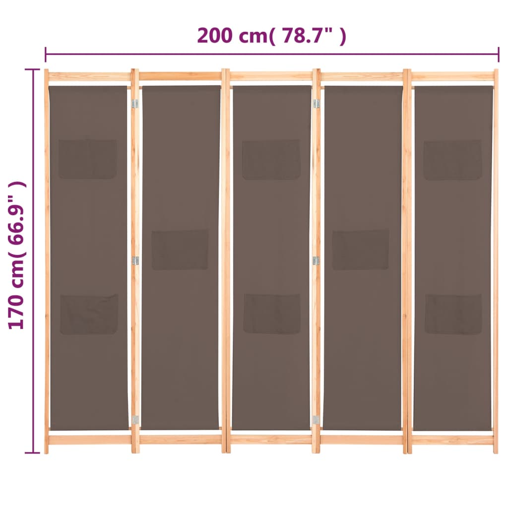 5-Panel Room Divider Brown 200x170x4 cm Fabric