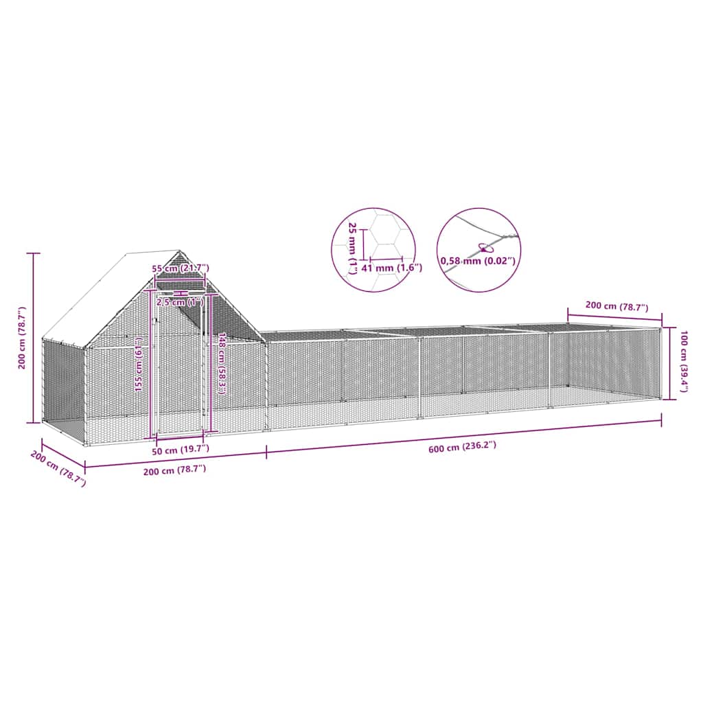 Chicken Coop Silver Galvanized steel 26x6.5x6.5 feet Durable