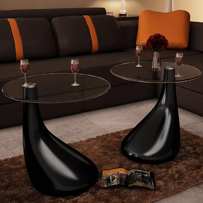 Coffee Table 2 pcs with Round Glass Top High Gloss Black