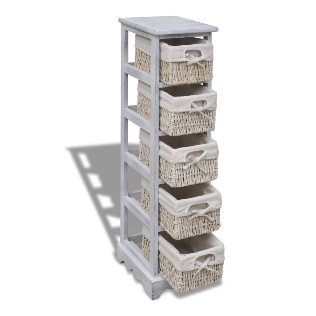 Wooden Storage Rack 5 Weaving Baskets White