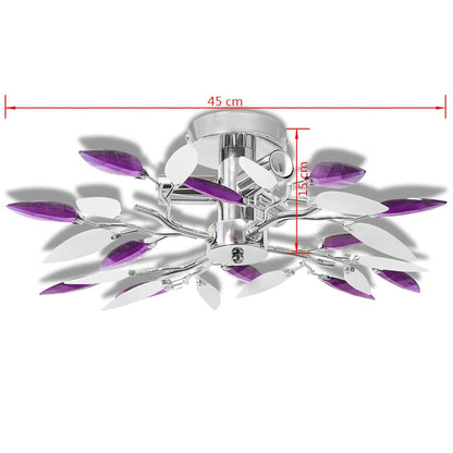 240981 Ceiling Lamp with White & Purple Acrylic Crystal Leaf Arms for 3 E14 Bulbs