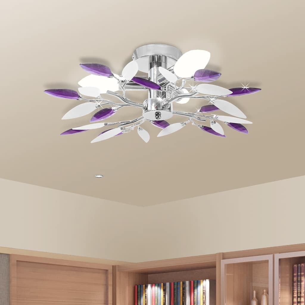 240981 Ceiling Lamp with White & Purple Acrylic Crystal Leaf Arms for 3 E14 Bulbs