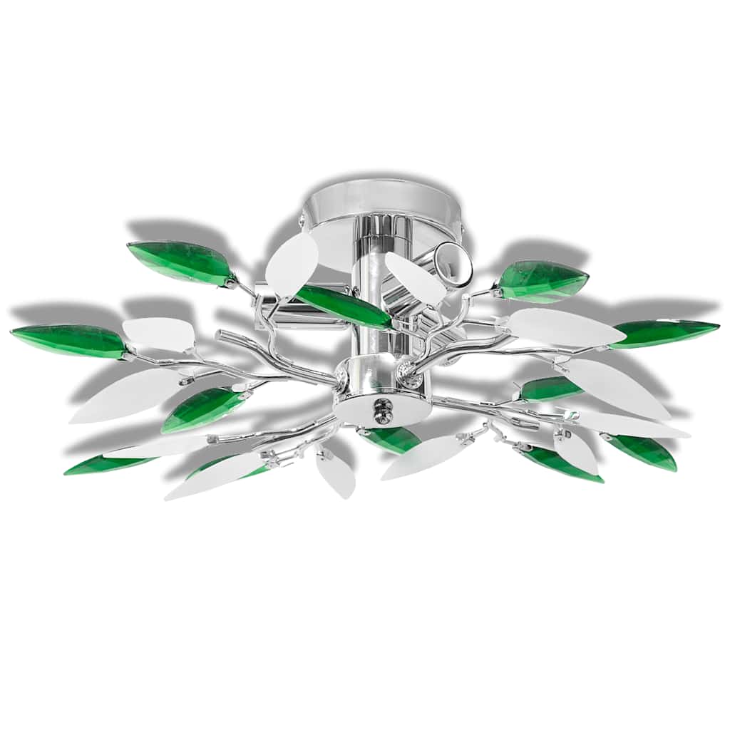 240982 Ceiling Lamp with White & Green Acrylic Crystal Leaf Arms for 3 E14 Bulbs