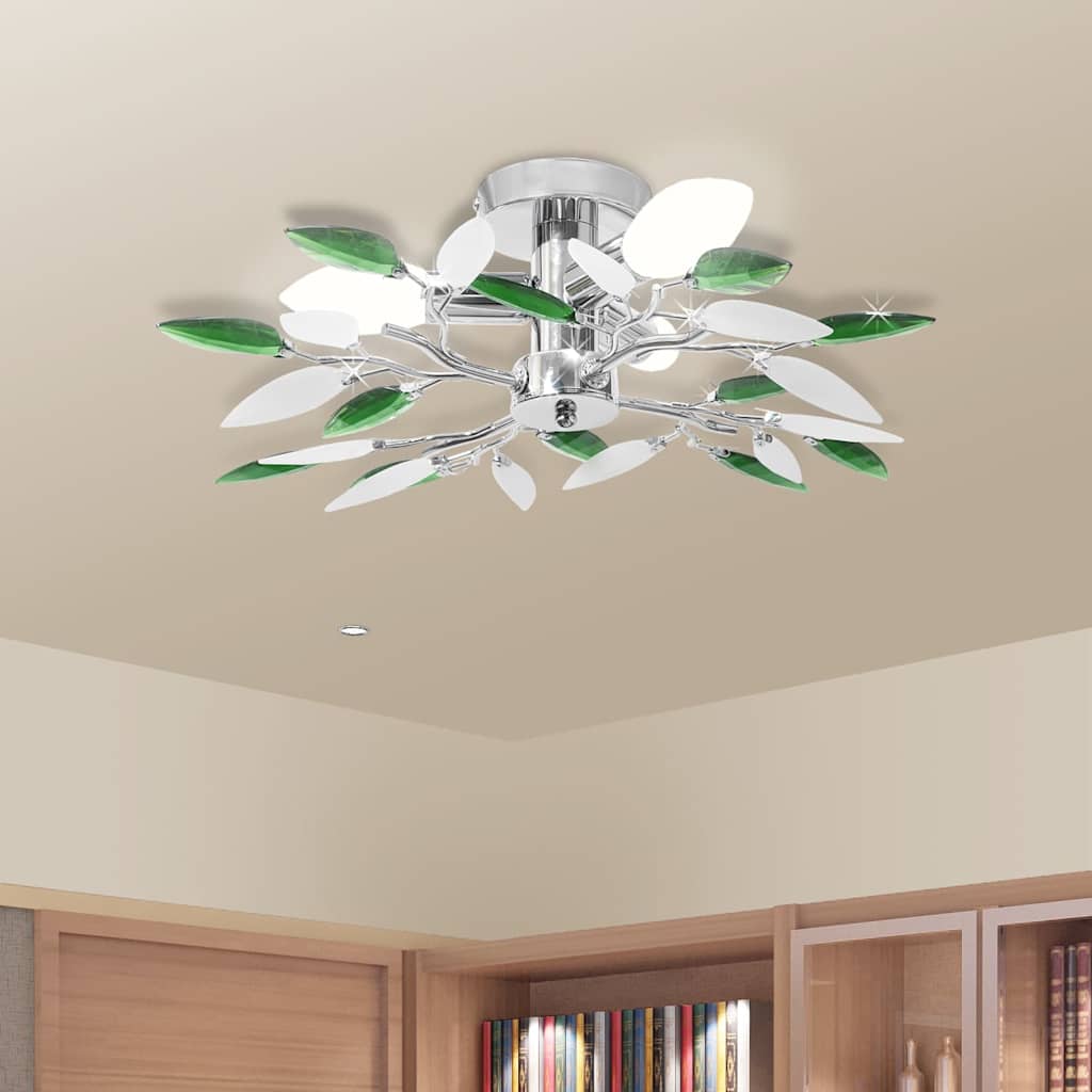 240982 Ceiling Lamp with White & Green Acrylic Crystal Leaf Arms for 3 E14 Bulbs