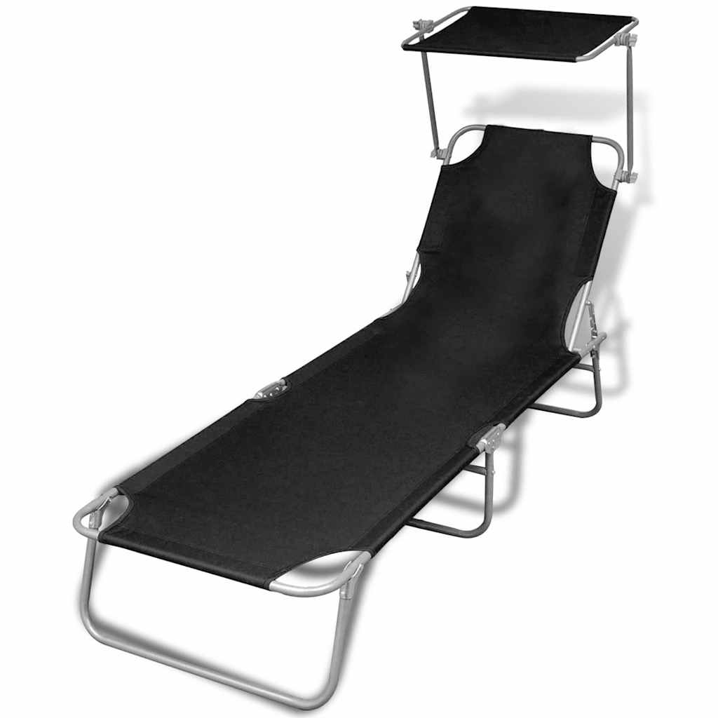 41197 vidaXL Folding Sun Lounger with Canopy Steel and Fabric Black
