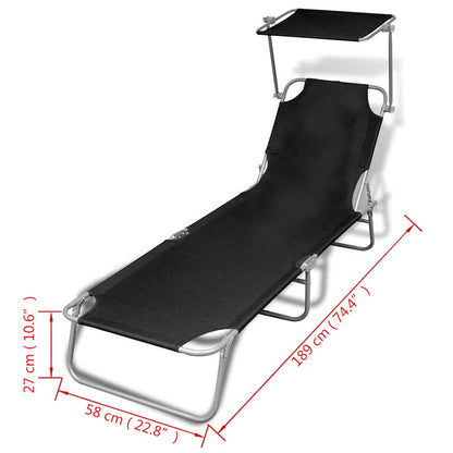 41197 vidaXL Folding Sun Lounger with Canopy Steel and Fabric Black