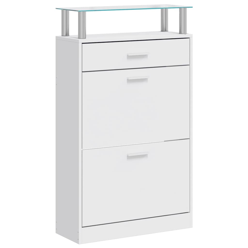 Shoe Cabinet with a Drawer and a Top Glass Shelf Wood White