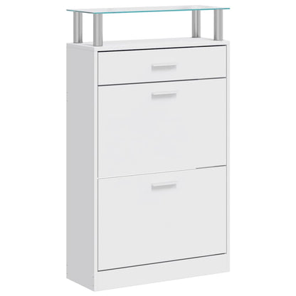 Shoe Cabinet with a Drawer and a Top Glass Shelf Wood White