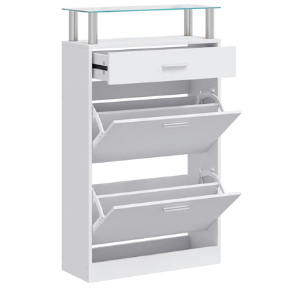 Shoe Cabinet with a Drawer and a Top Glass Shelf Wood White