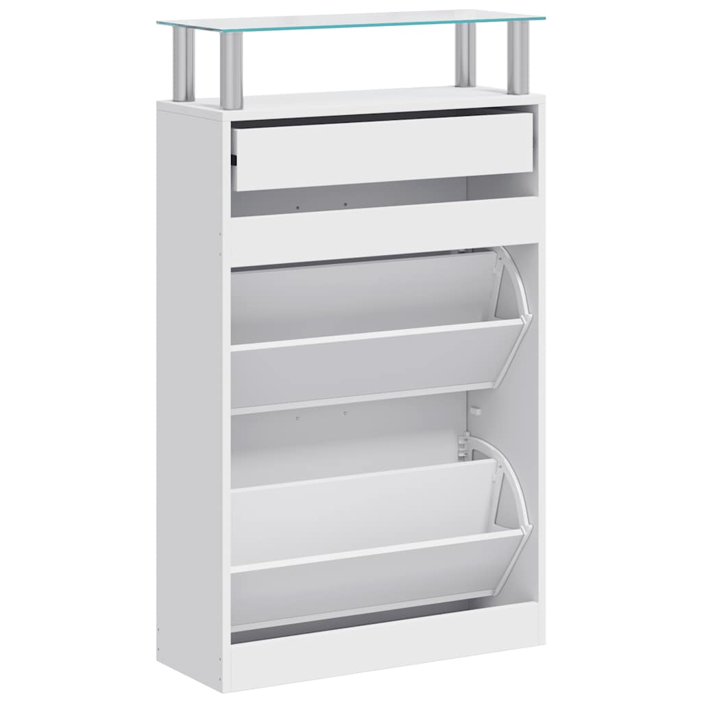 Shoe Cabinet with a Drawer and a Top Glass Shelf Wood White