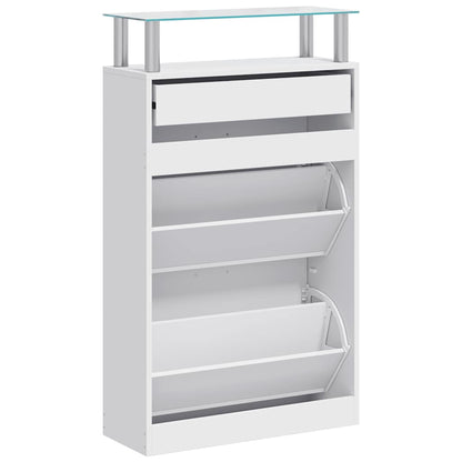 Shoe Cabinet with a Drawer and a Top Glass Shelf Wood White