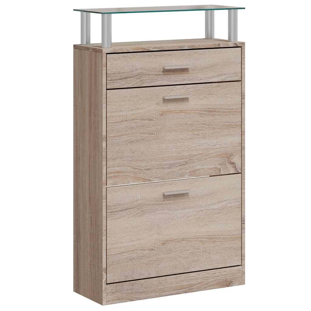 Shoe Cabinet with a Drawer and a Top Glass Shelf Wood Oak Look