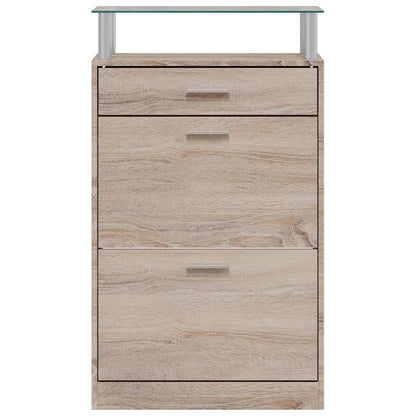 Shoe Cabinet with a Drawer and a Top Glass Shelf Wood Oak Look