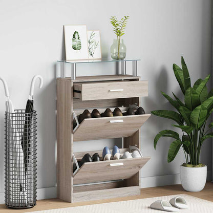Shoe Cabinet with a Drawer and a Top Glass Shelf Wood Oak Look