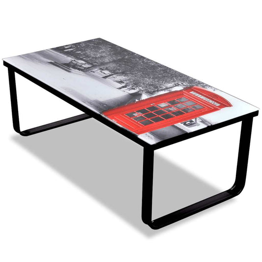 Coffee Table | Black with Telephone Booth Print | Tempered Glass, Iron