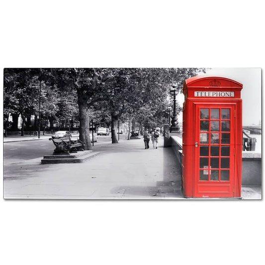 Coffee Table | Black with Telephone Booth Print | Tempered Glass, Iron