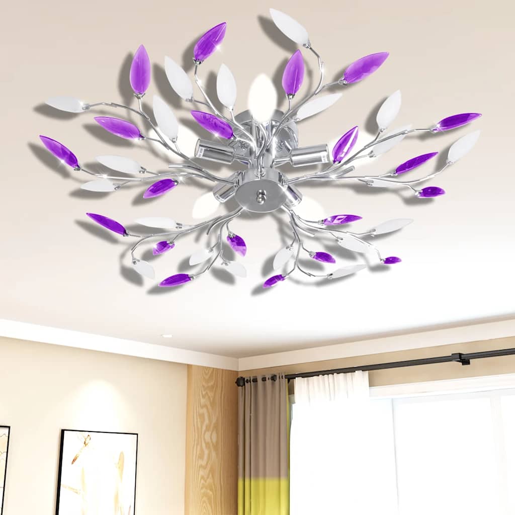 241477 Purple & White Ceiling Lamp with Acrylic Crystal Leaf Arms for 5 E14 Bulbs