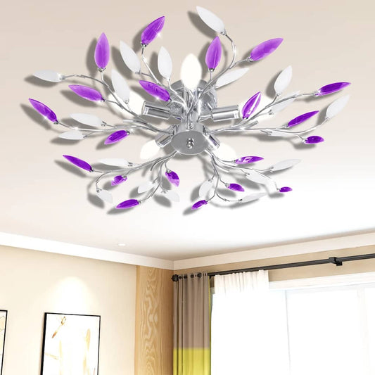 241477 Purple & White Ceiling Lamp with Acrylic Crystal Leaf Arms for 5 E14 Bulbs