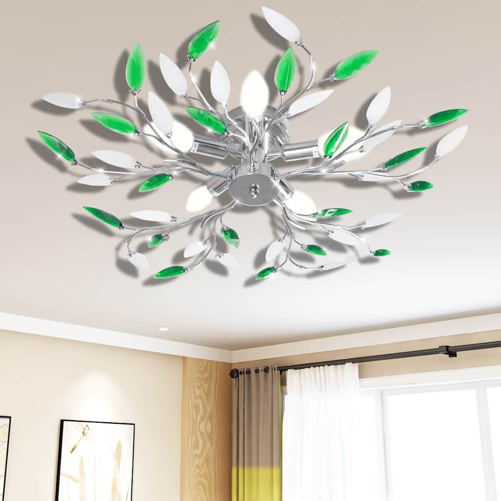 241478 Green & White Ceiling Lamp with Acrylic Crystal Leaf Arms for 5 E14 Bulbs