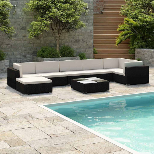8 Piece Garden Lounge Set with Cushions Poly Rattan Black