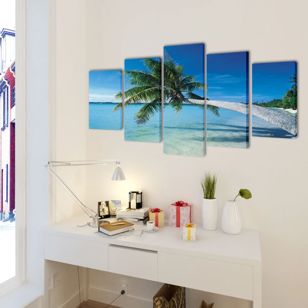 Canvas Wall Print Set Sand Beach with Palm Tree 200 x 100 cm