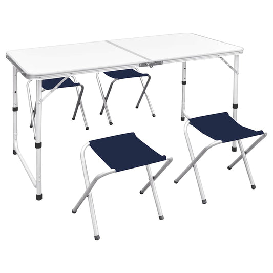 Foldable Camping Table Set with 4 Stools Height Adjustable 120 x 60 cm